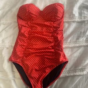 Fitted strapless red polka dot one peice